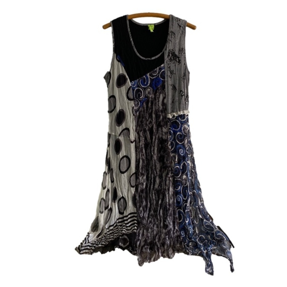 Adam Jacobs Dress Midi Round Neck Sleeveless Blue Black White Women’s Large
